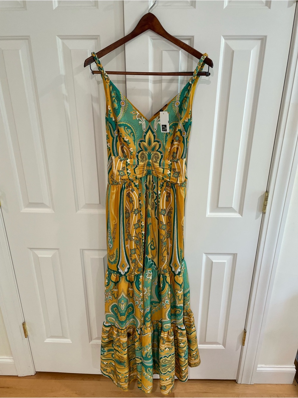 Kobi Halperin Yellow & Green Paisley Tiered Maxi Dress Size 8